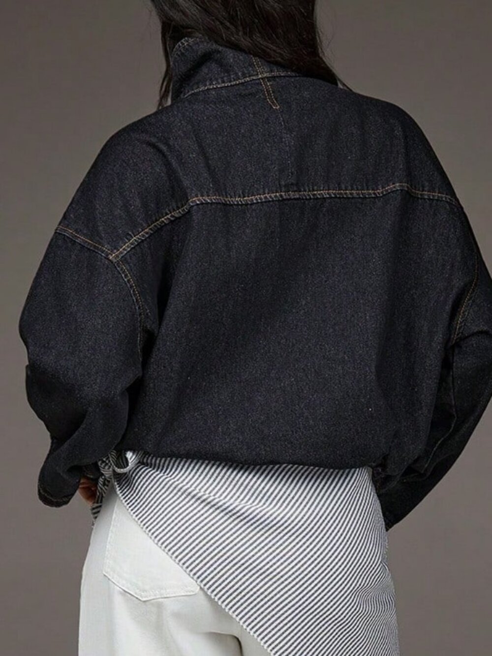 Black Casual Women's  Long Sleeved Lapel Stand Up Loose Denim Jacket - Picture 7 of 9
